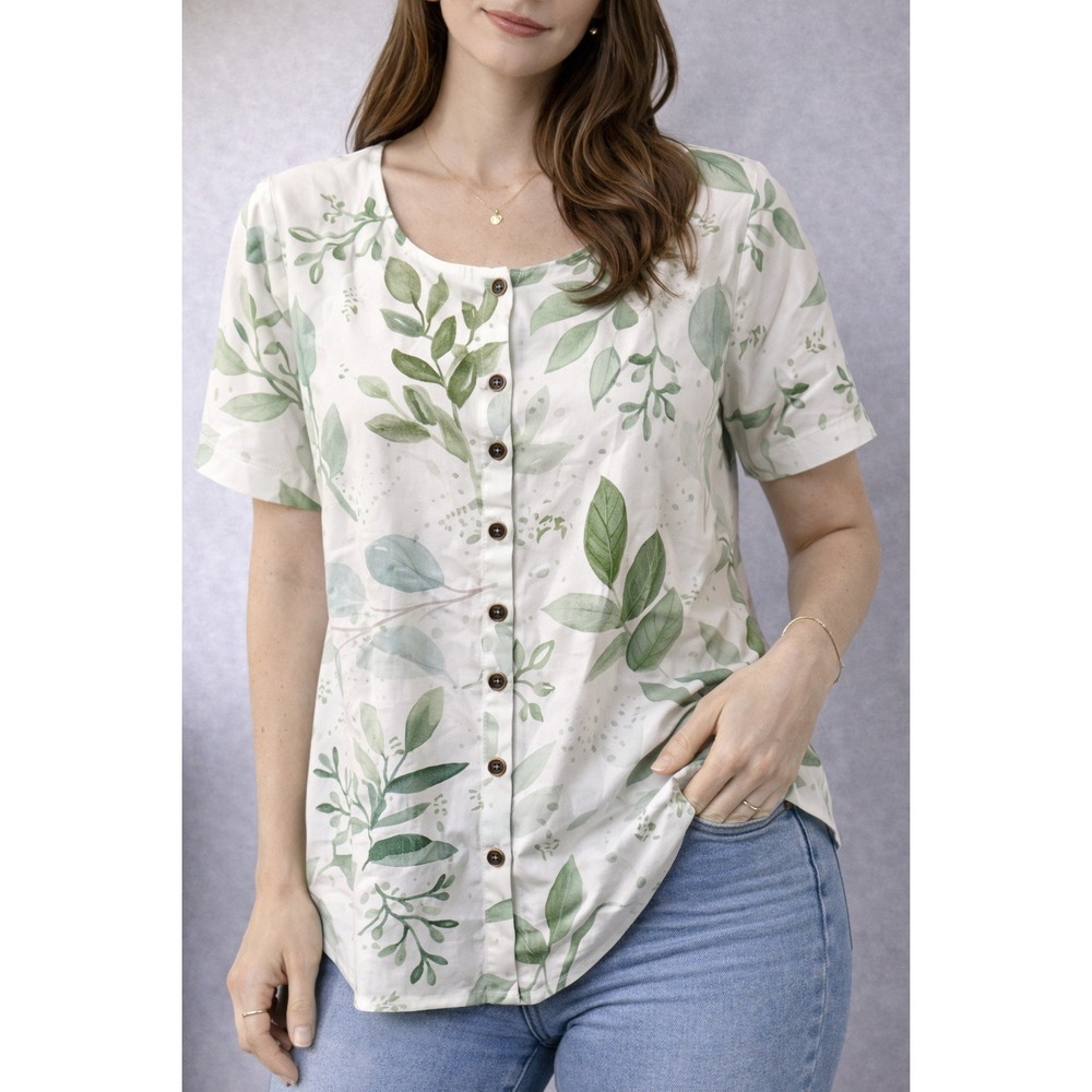 Misslook Blouse Womens L White Green Botanical Leaf Print Diagonal Button Front